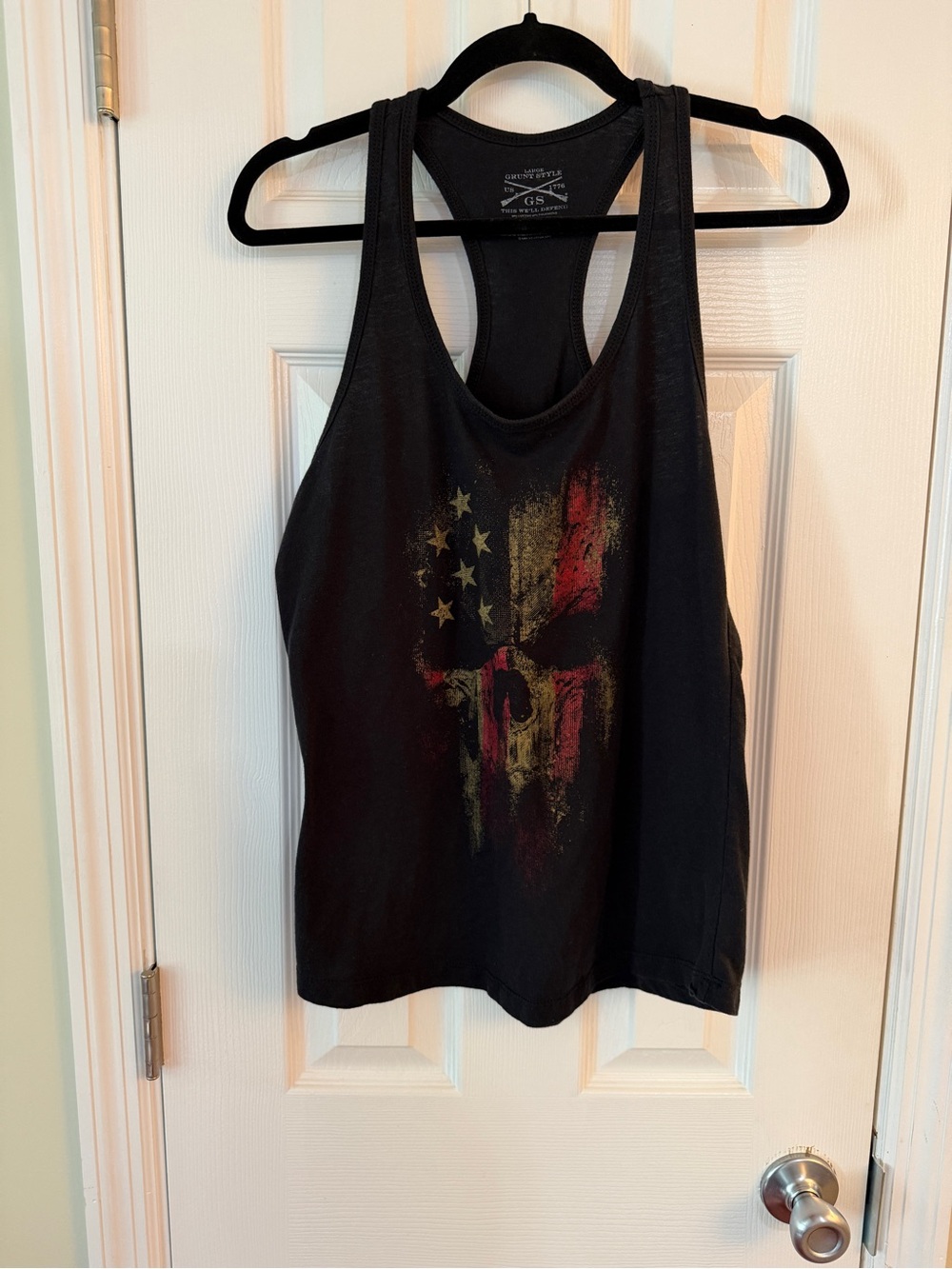 B2G1 FREE Grunt Style Womens Large American Flag Skull Racerback Tank Black